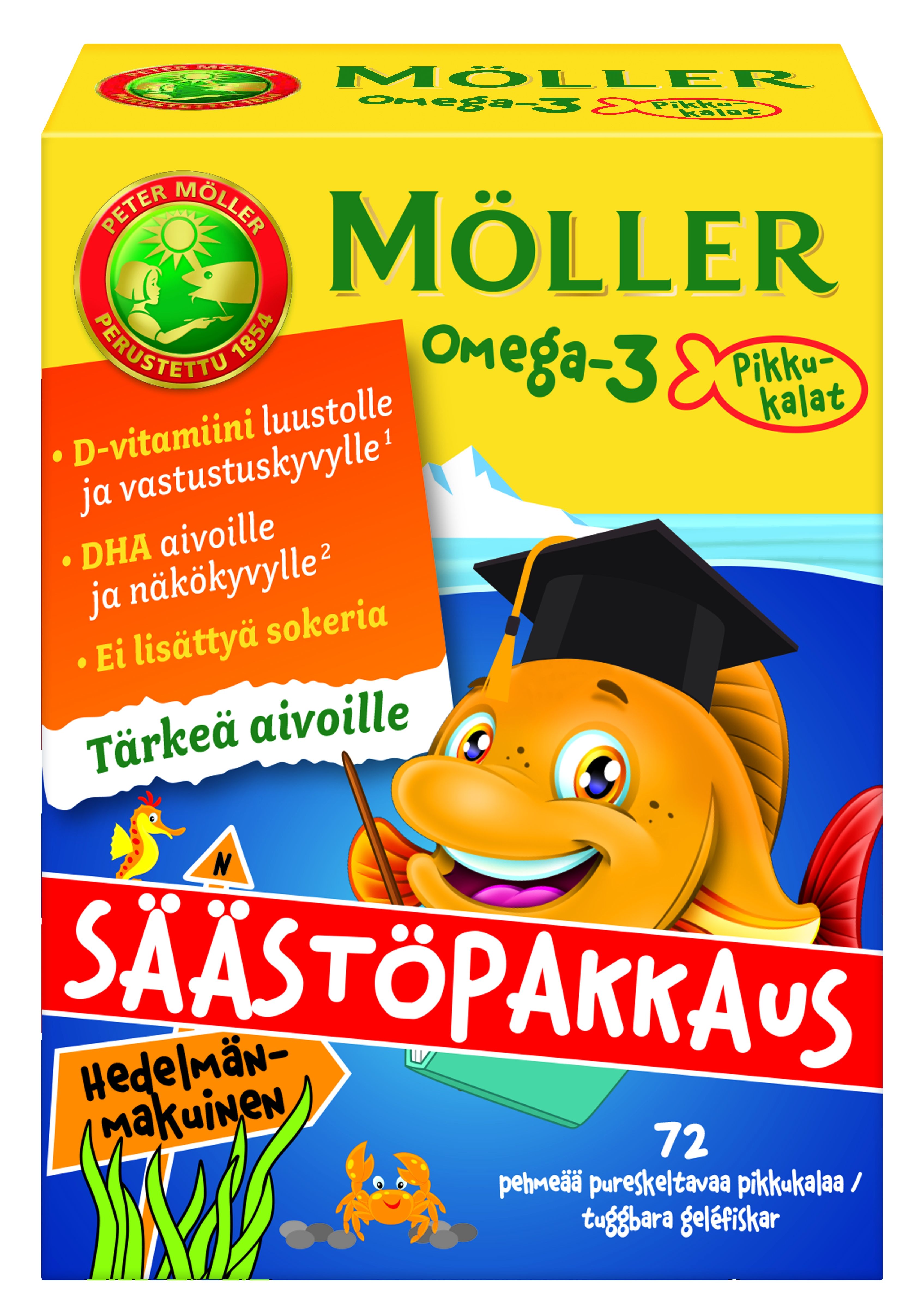 Kuva Möller Omega-3 Pikkukalat hedelmänmakuinen säästöpakkaus, 72 kpl