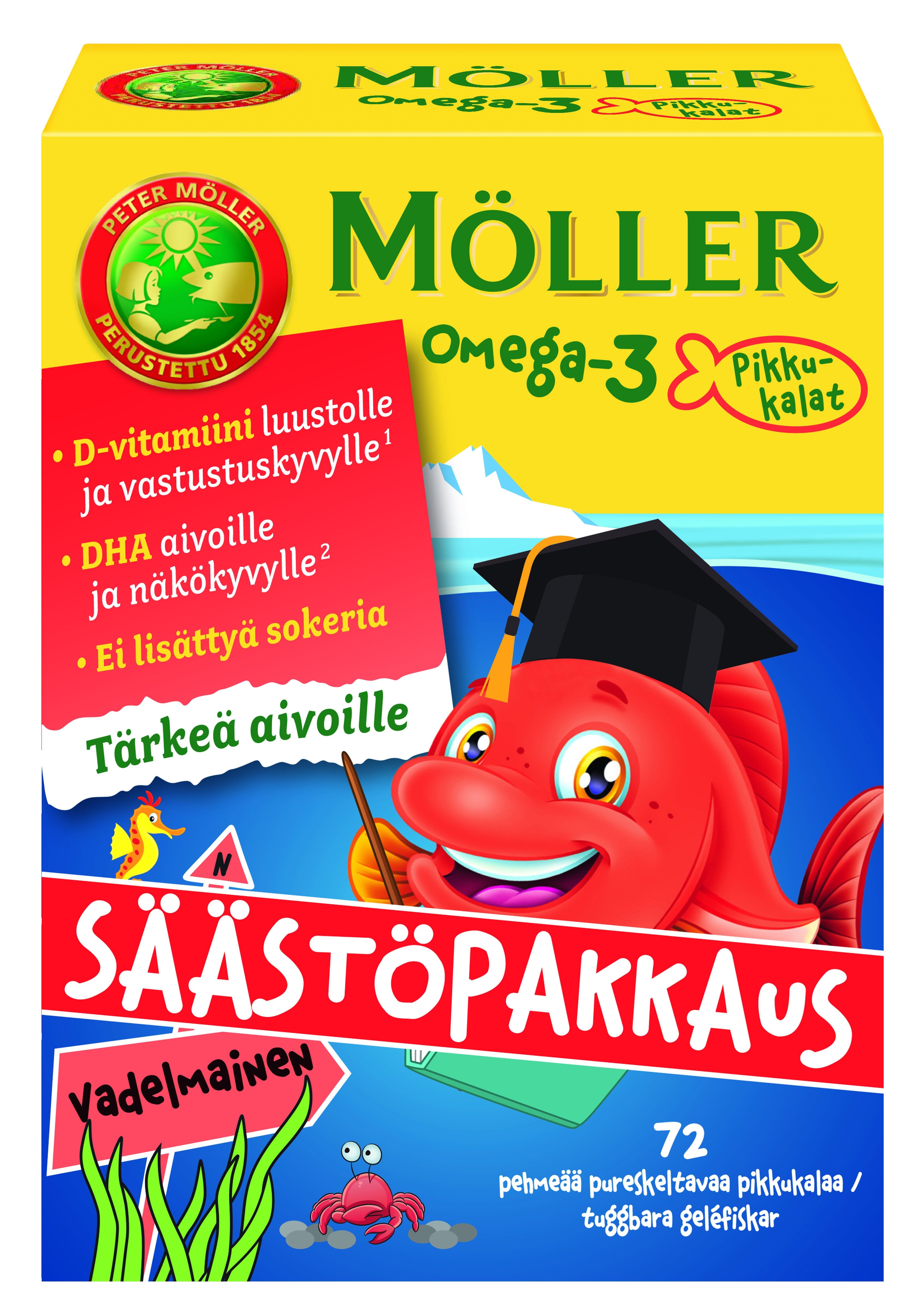 Kuva Möller Omega-3 Pikkukalat säästöpakkaus vadelmainen, 72 kpl