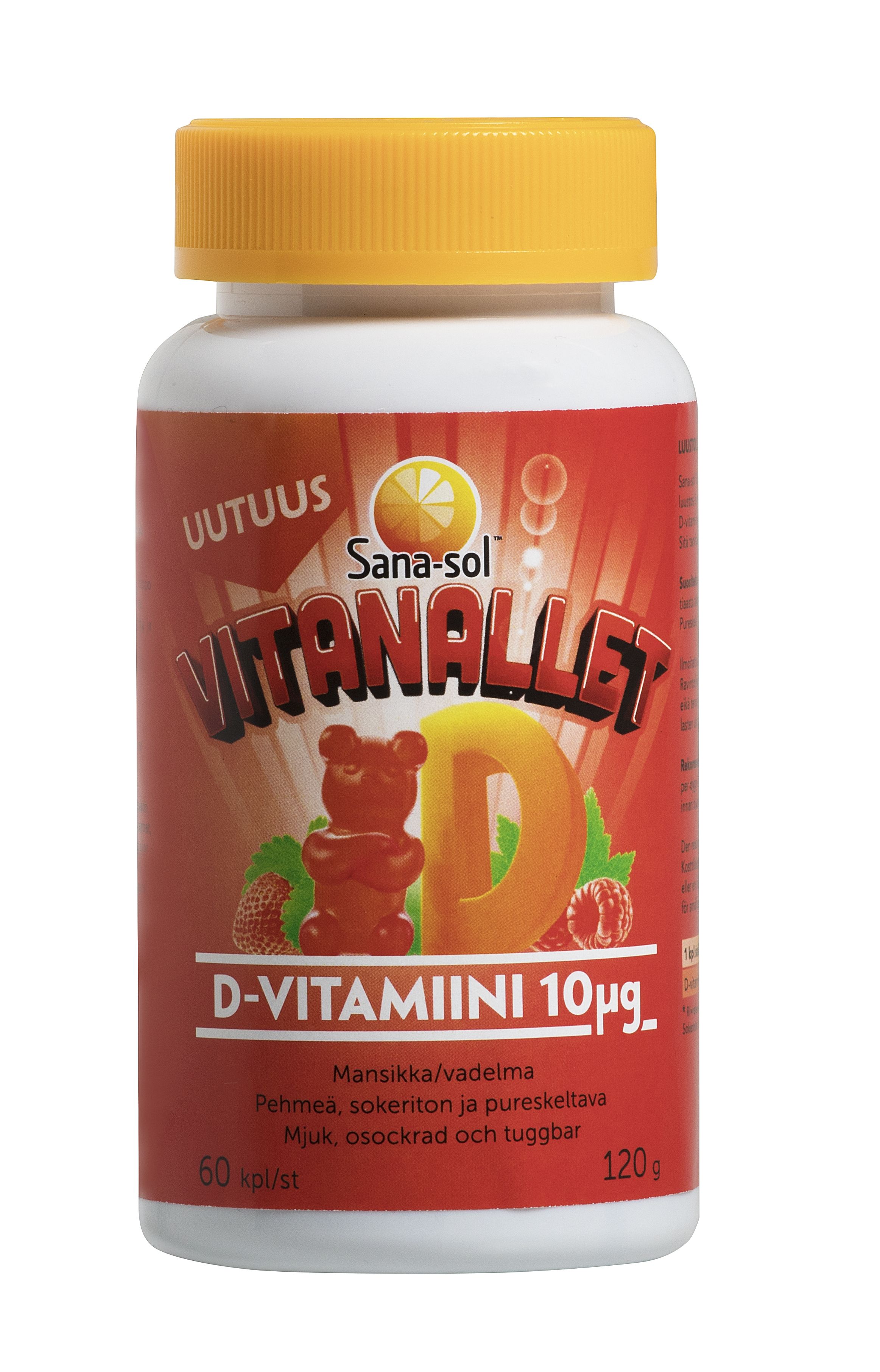 Kuva Sana-sol Vitanallet D-vitamiini 10µg mansikka/vadelma, 60 kpl 