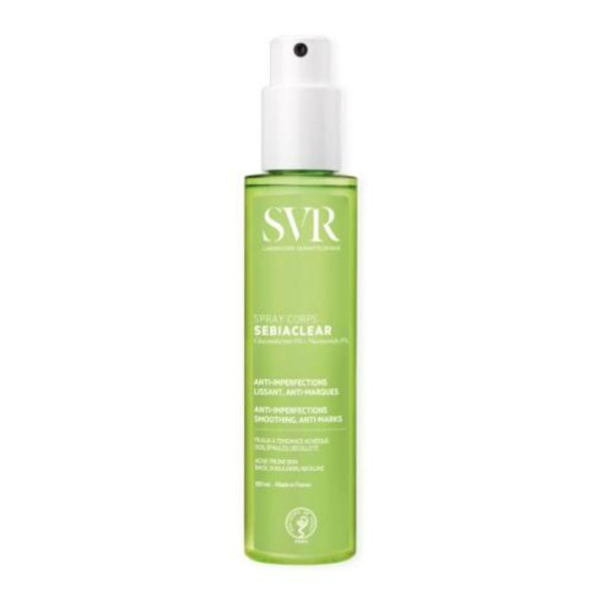 Kuva SVR Sebiaclear spray corps epäpuhtauksia hoitava suihke vartalolle 150 ml