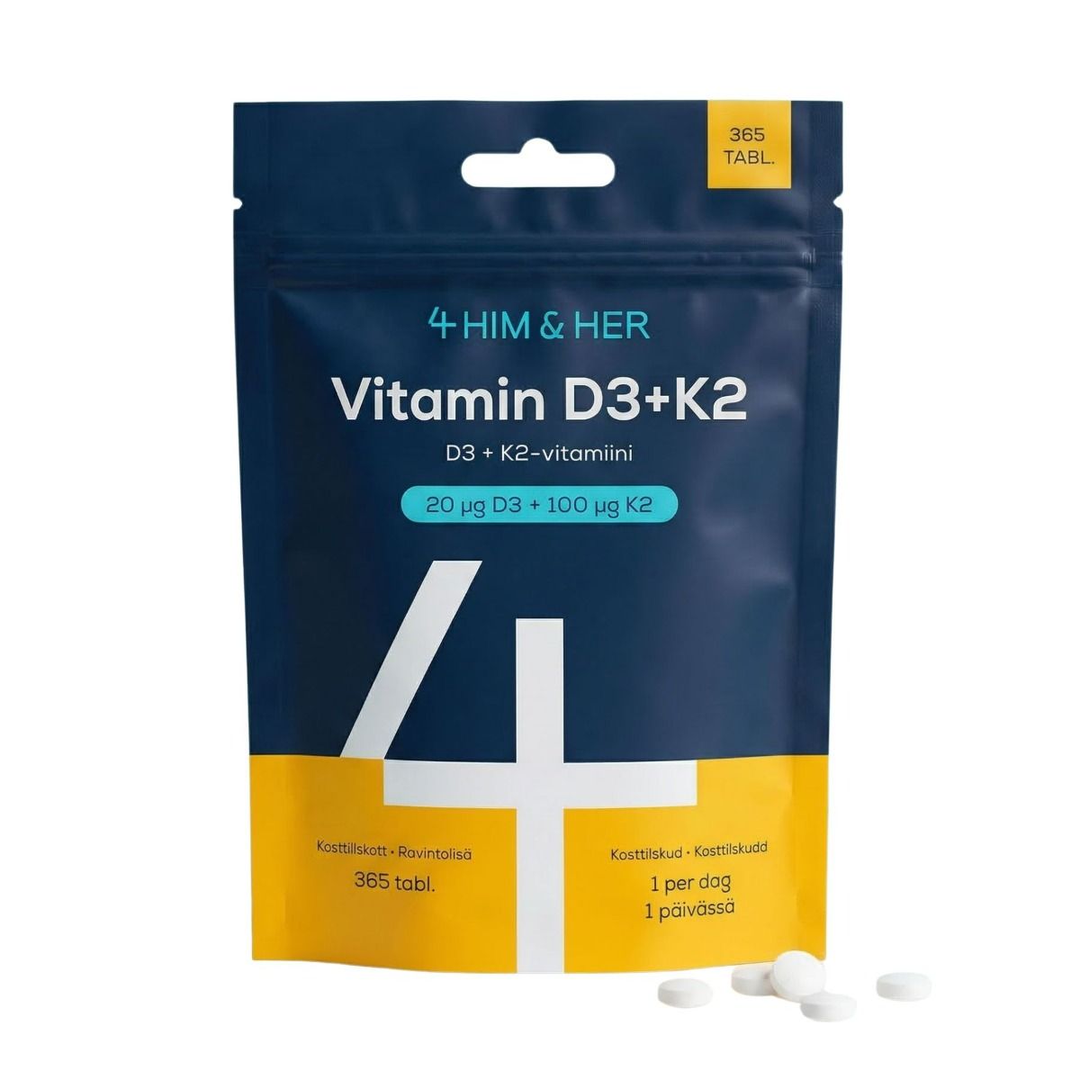 4Him & Her Vitamin D3 + K2, 365 tablettia (D3 20 µg + K2 100 µg)