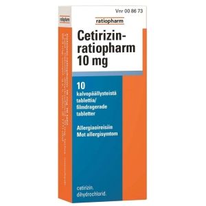 CETIRIZIN-RATIOPHARM 10 mg 10 fol tabl, kalvopääll