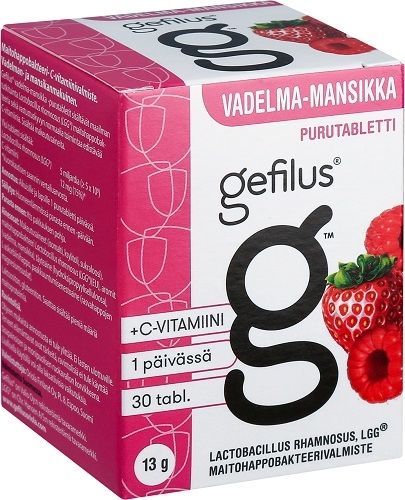 Gefilus Vadelma-Mansikka maitohappobakteeri purutabletti, 30 kpl