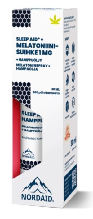 Nordaid Sleep Aid -melatoniinisuihke + hamppuöljy 1 mg 30 ml