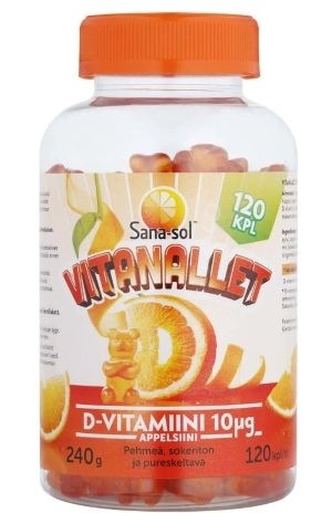 Sana-sol Vitanallet D-vitamiini 10mcg Appelsiini 120 kpl