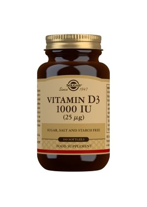 Solgar D3-vitamiini 1000 IU (25 µg, kalasta), 100 softgelkapseli